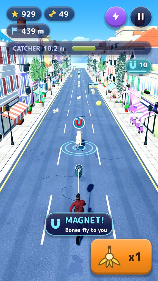 A dog running down a city street with the dog catcher behind it