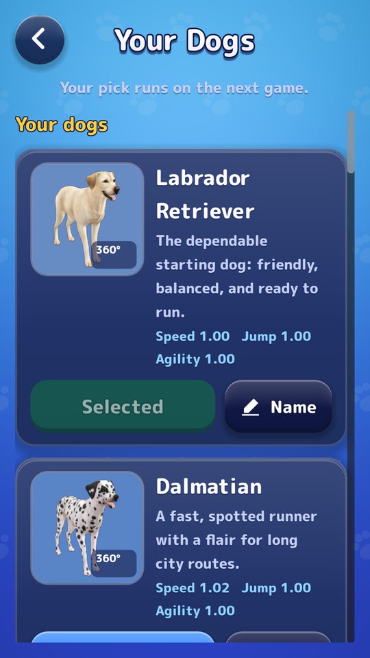 The dog breed selection screen